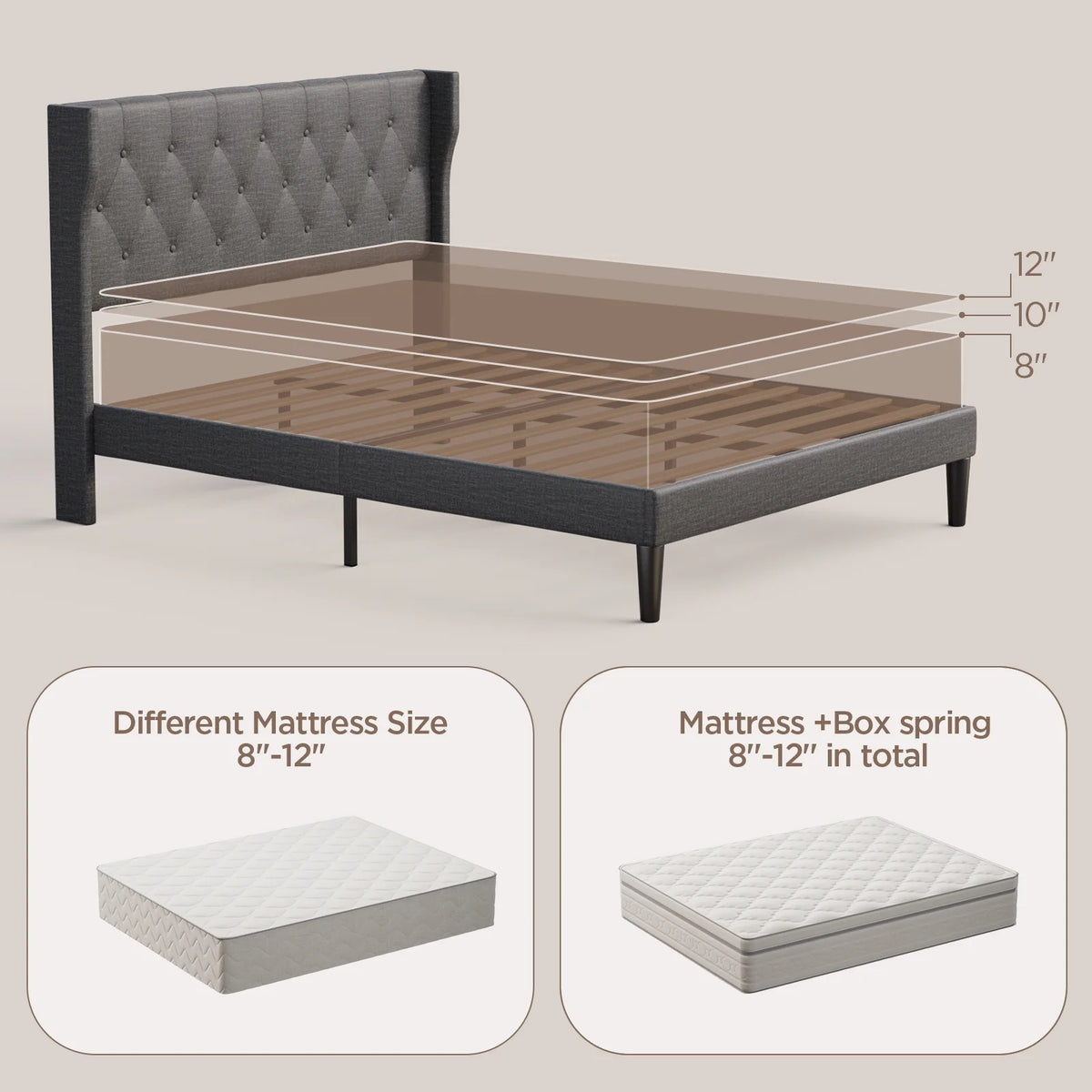 Full Size Dark Gray Bed Frame with Button Tufted Headboard N173