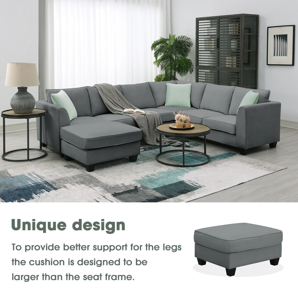 7 Seats L Shape Fabric Sectional Sofa with Ottoman I923