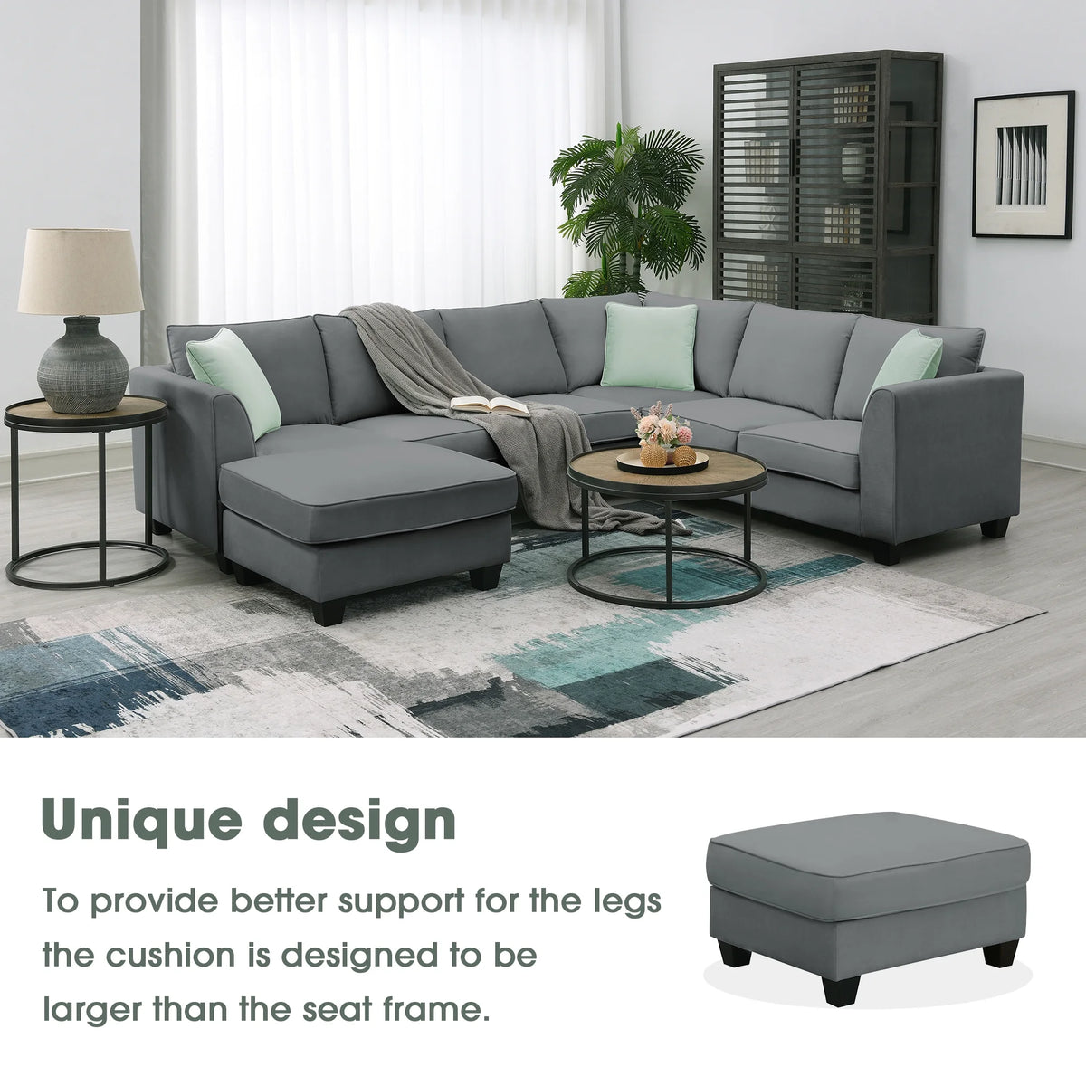 7 Seats L Shape Fabric Sectional Sofa with Ottoman I923