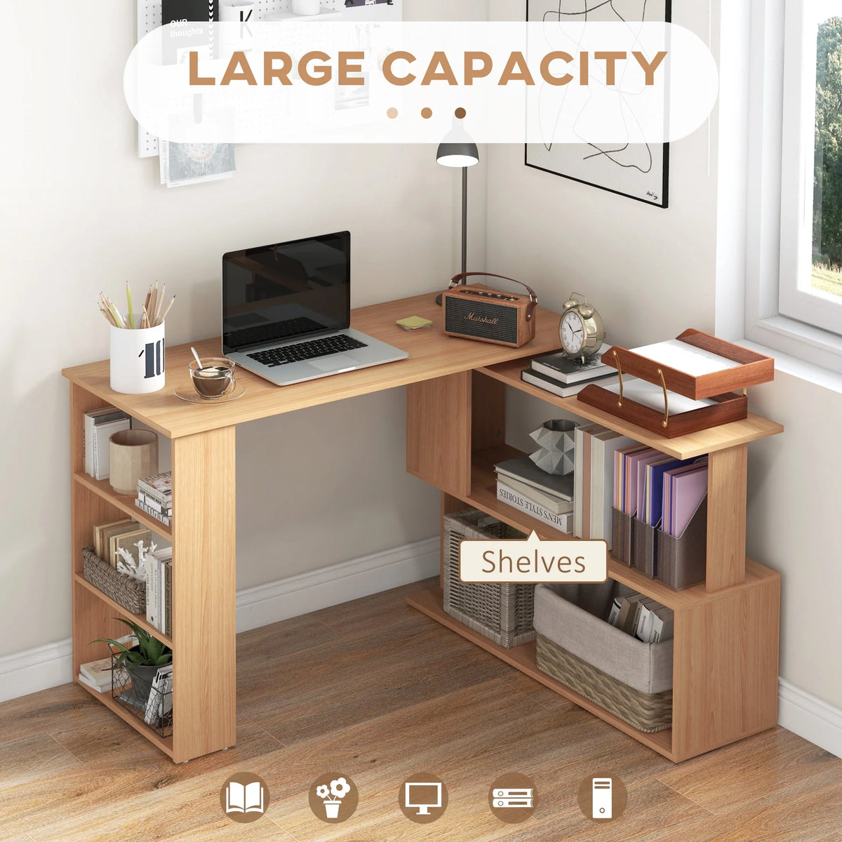 L Shaped Rotating Corner Desk with Bookshelves J622265