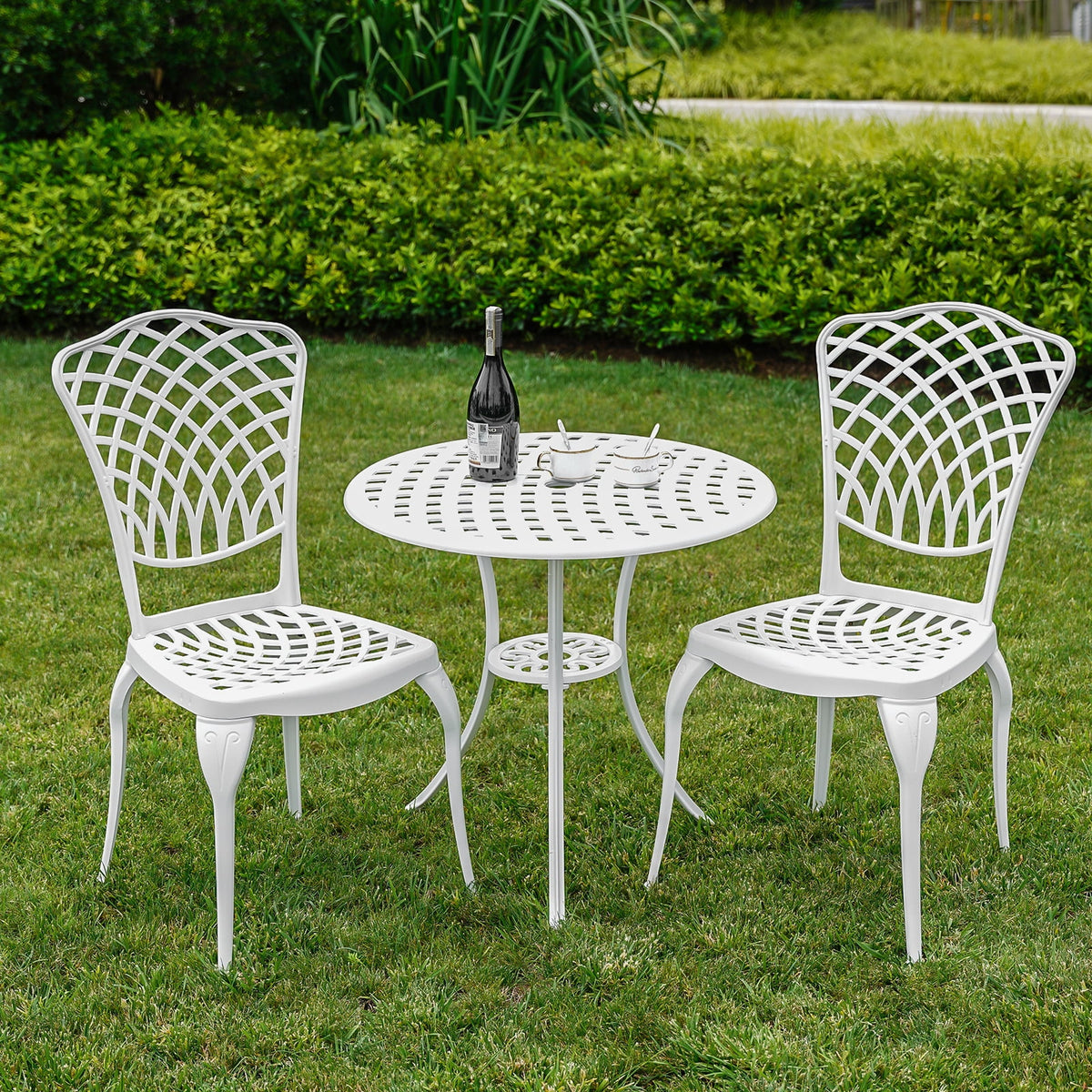 3 Piece White Patio Bistro Set with Umbrella Hole B505596