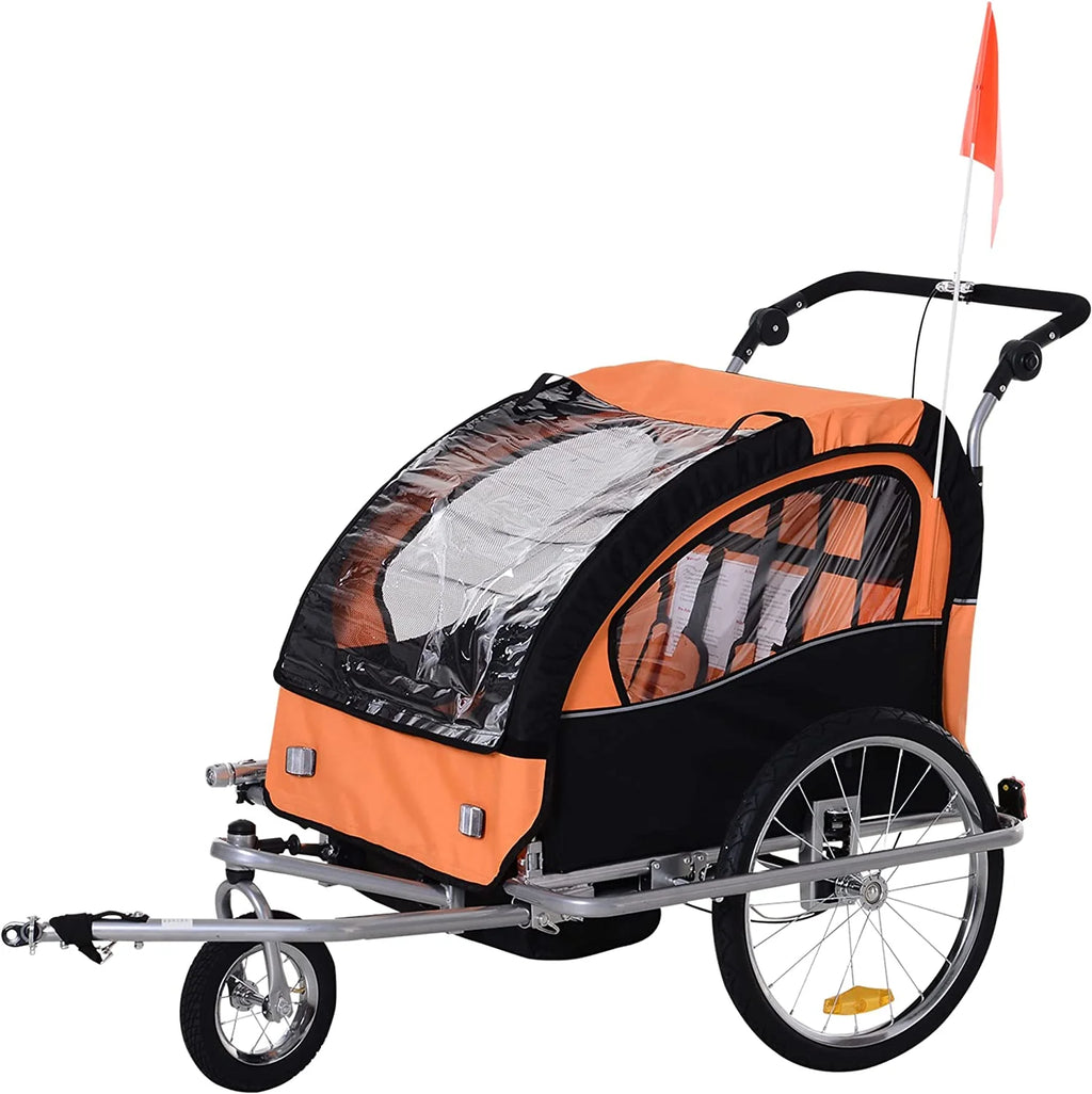 2-in-1 Double Child Two-Wheel Bicycle Cargo Trailer with 2 Safety Harnesses, Green C96938