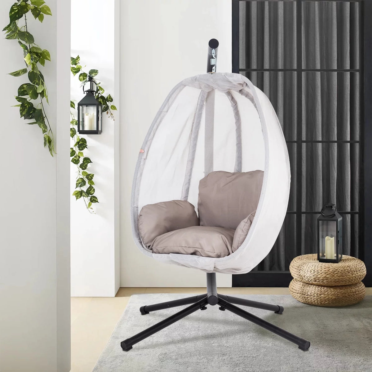 Egg Chair with Metal Stand and Cushion, 400LBS Capacity, Gray V62367