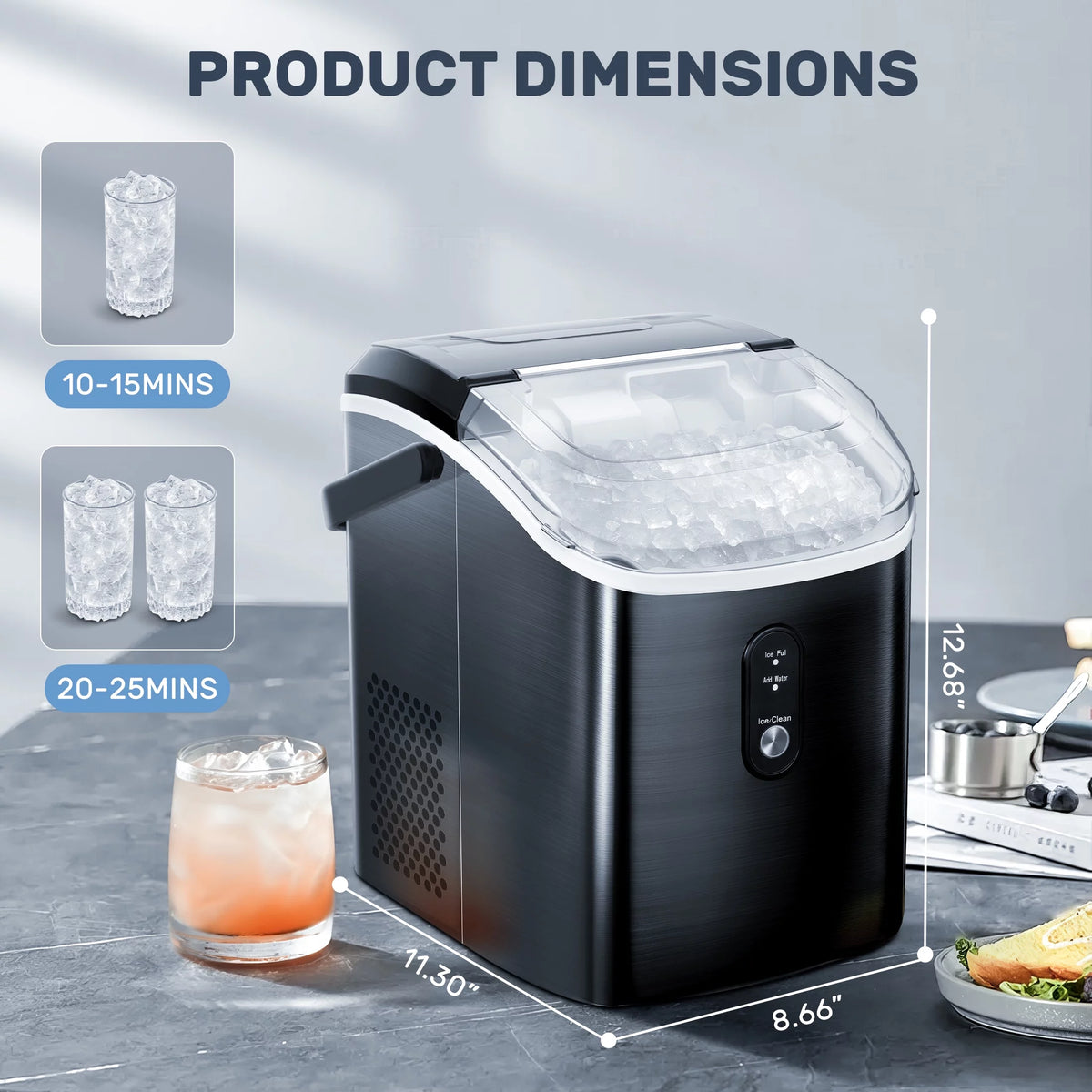 Nugget Ice Maker Countertop with Soft Chewable Pellet Ice, 33lbs/24H, Self-Cleaning, Stainless Steel, Black D358
