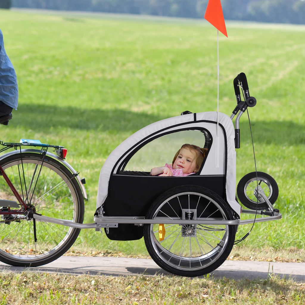 2-in-1 Double Child Two-Wheel Bicycle Cargo Trailer with 2 Safety Harnesses, Green C96938
