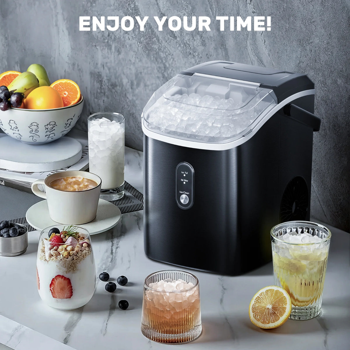 Nugget Ice Maker Countertop with Soft Chewable Pellet Ice, 33lbs/24H, Self-Cleaning, Stainless Steel, Black D358