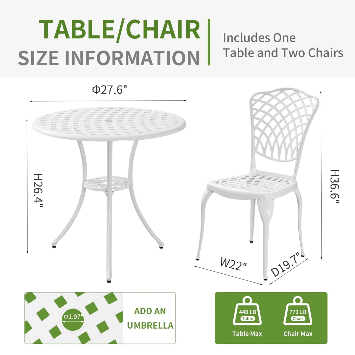 3 Piece White Patio Bistro Set with Umbrella Hole B505596
