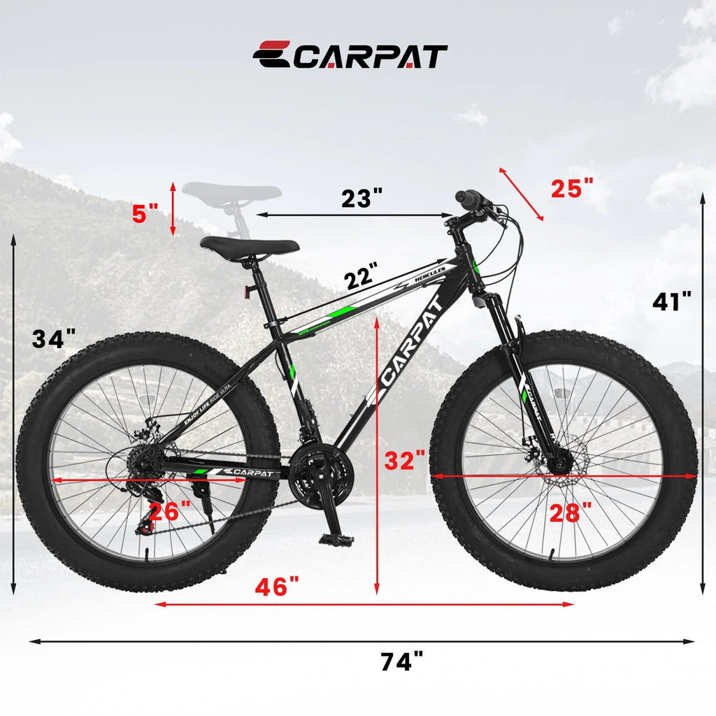 26 inch Fat Tire Mountain Bike with Disc Brakes 21 Speed Black Y797454