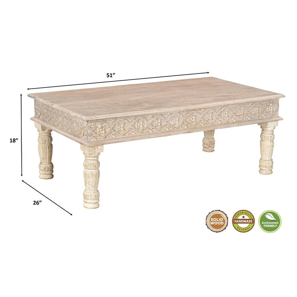 Carved Solid Wood Coffee Table in White O978