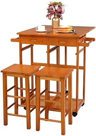 Drop Leaf Solid Wood Table and Stool Set with 2 Drawers V309465