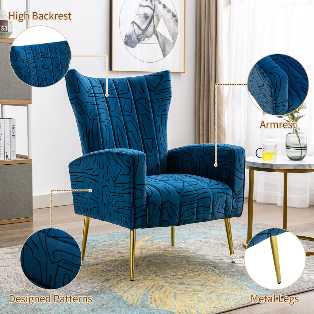 Navy Blue Velvet Wingback Accent Chair with Metal Legs L320