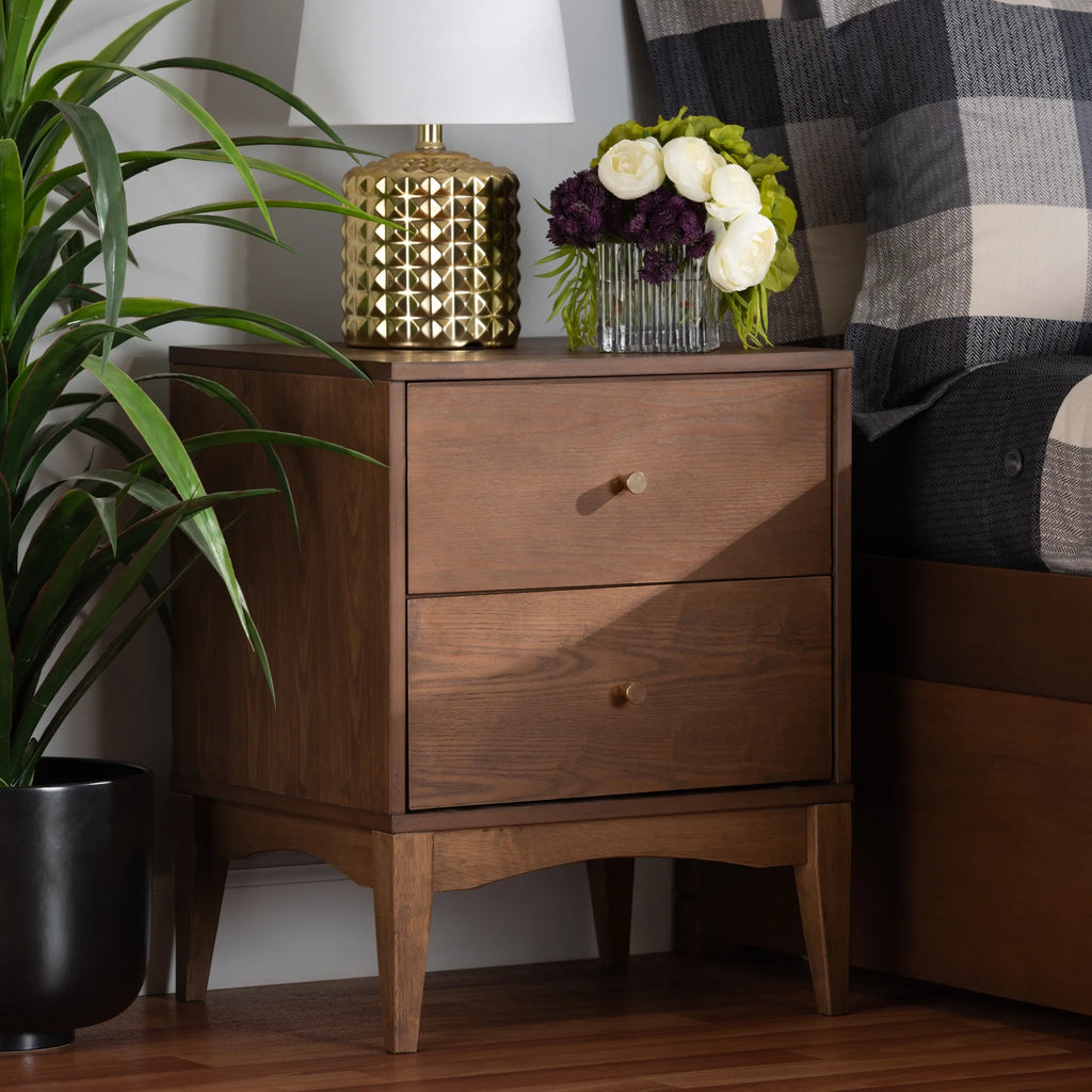 Ash Walnut Finished Wood 2-Drawer Nightstand V6344