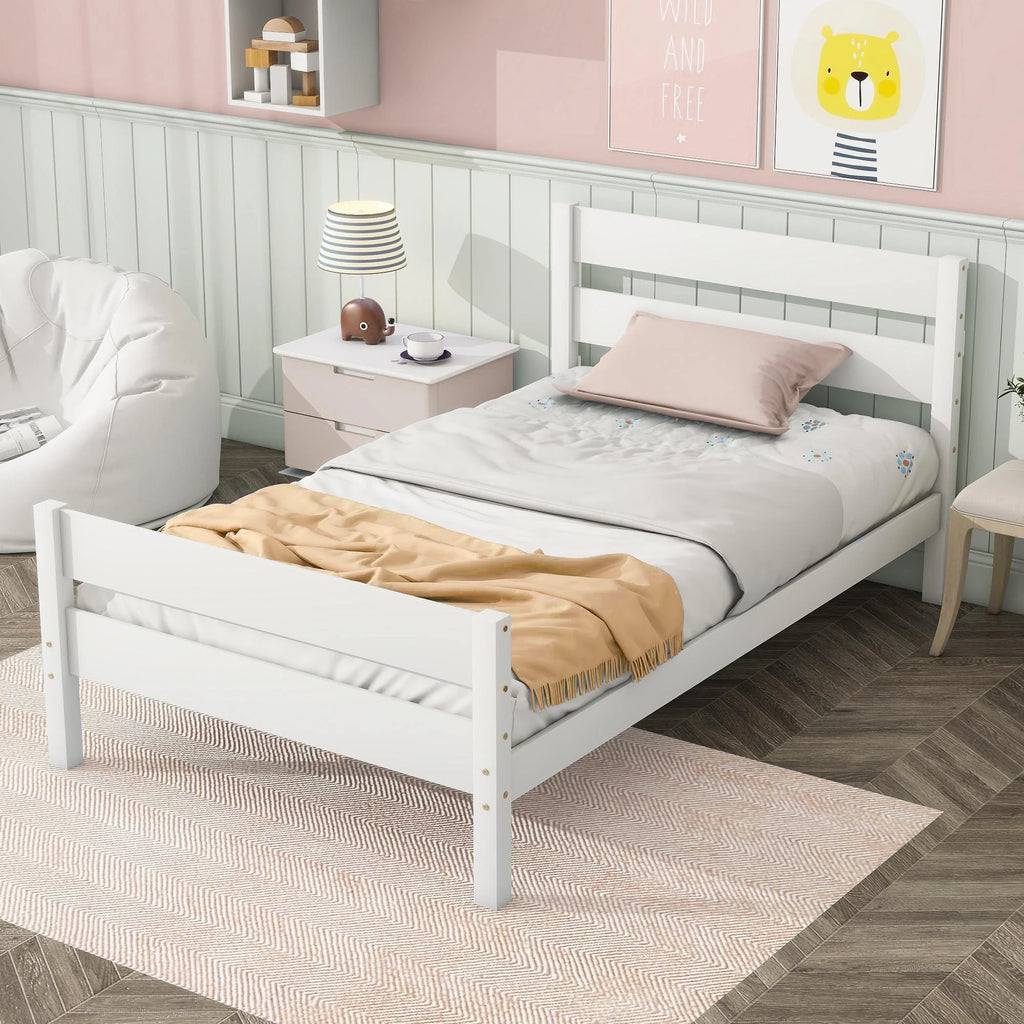 White Twin Size Solid Wood Platform Bed Frame with Headboard and Footboard N582