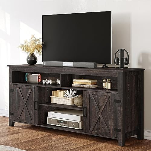 Farmhouse Barn Door TV Stand for 65 Inch TV Dark Rustic Oak F97528