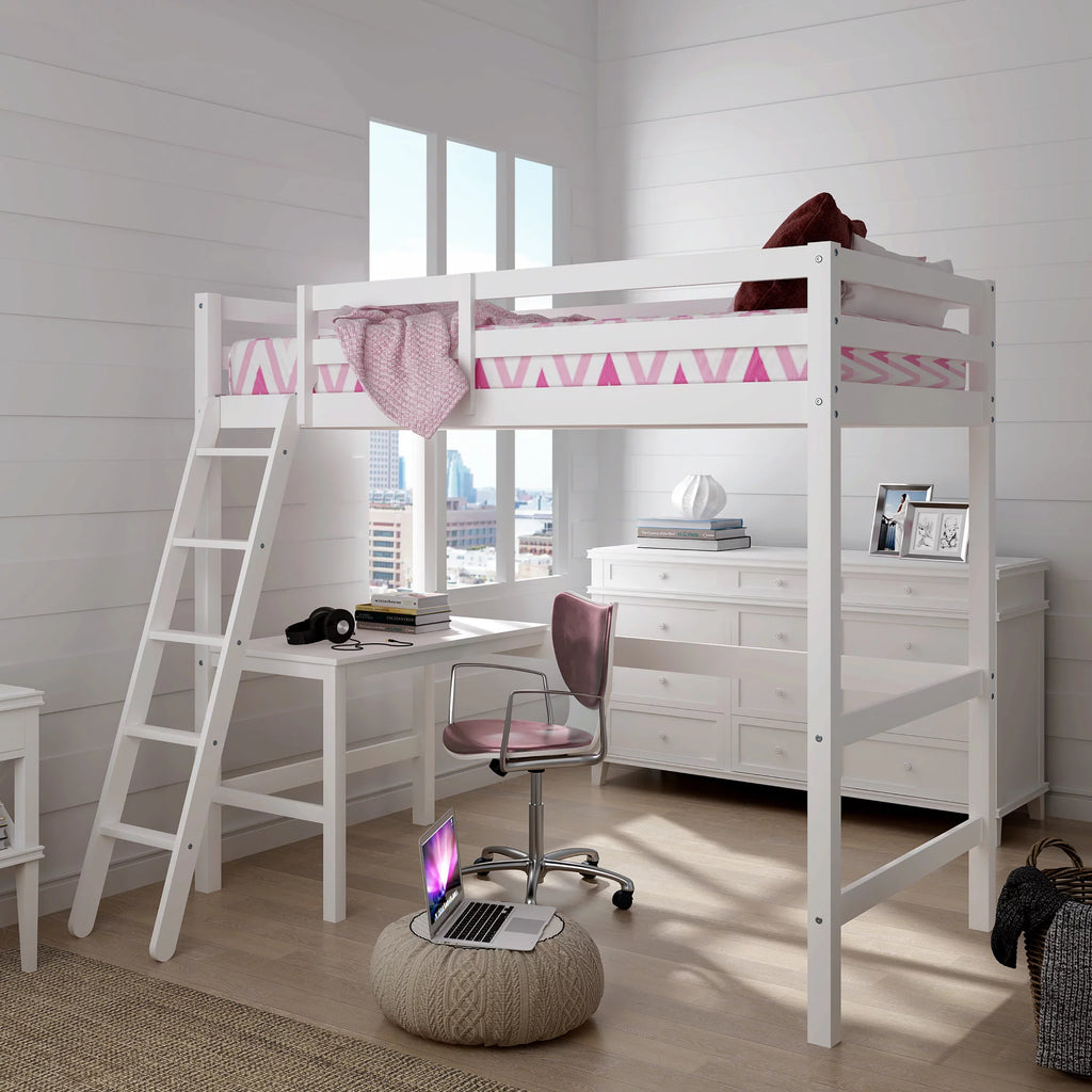 White Wood Twin Loft Bunk Bed with Desk J78771