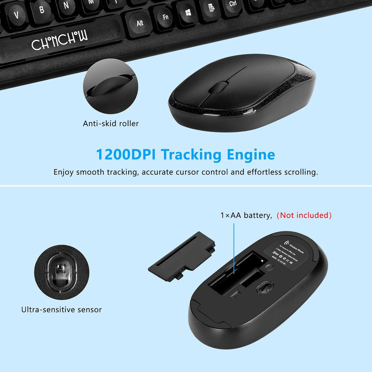 Wireless Keyboard and Mouse Combo, USB Compact Full Size Keyboard and 2.4Ghz Optical Mouse D4804