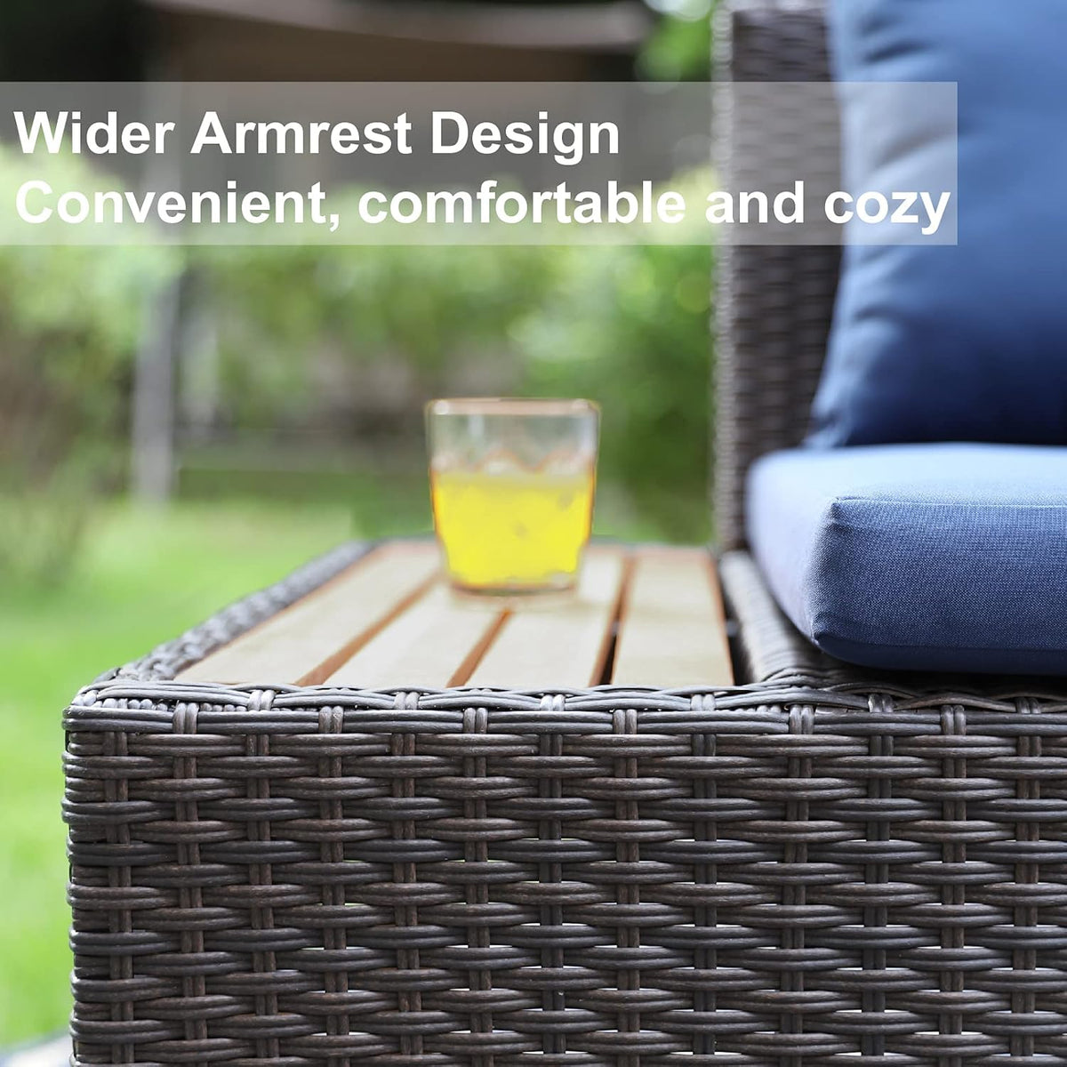 3 Pieces Patio Rattan Wicker and Acacia Wood Sectional Sofa Set Navy Blue P580