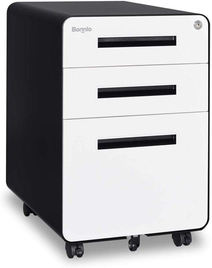 3 Drawer Mobile File Cabinet with Lock, Metal, Black&White K545