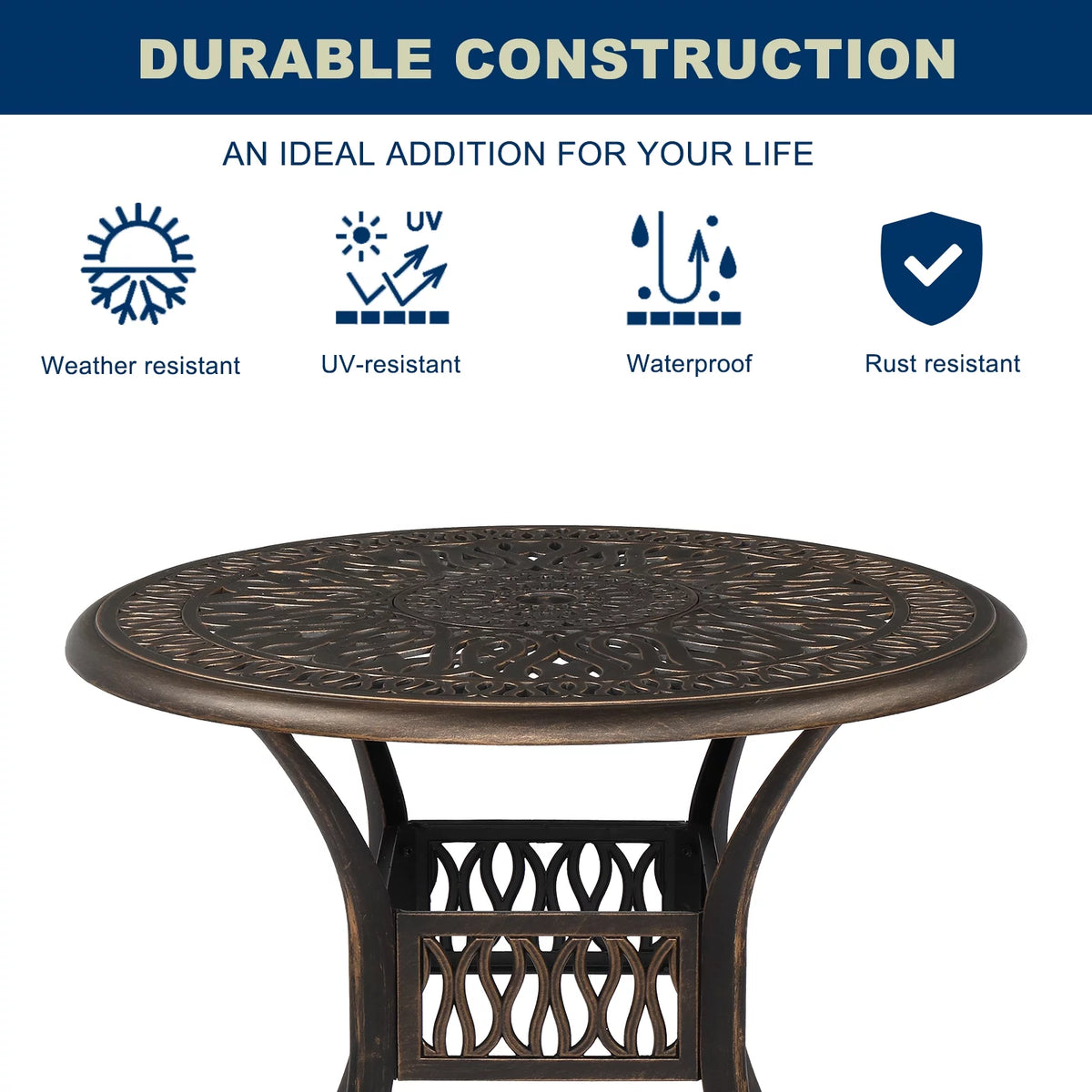 35" Round Cast Aluminum Outdoor Dining Table with Umbrella Hole B354960