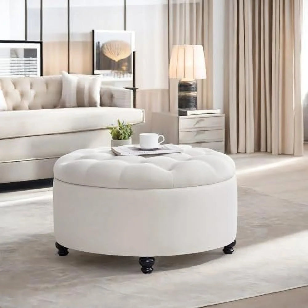 30-Inch Round Button Tufted Upholstered Ottoman with Removeable Top V976