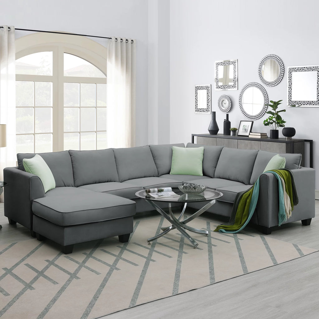 7 Seats L Shape Fabric Sectional Sofa with Ottoman I923