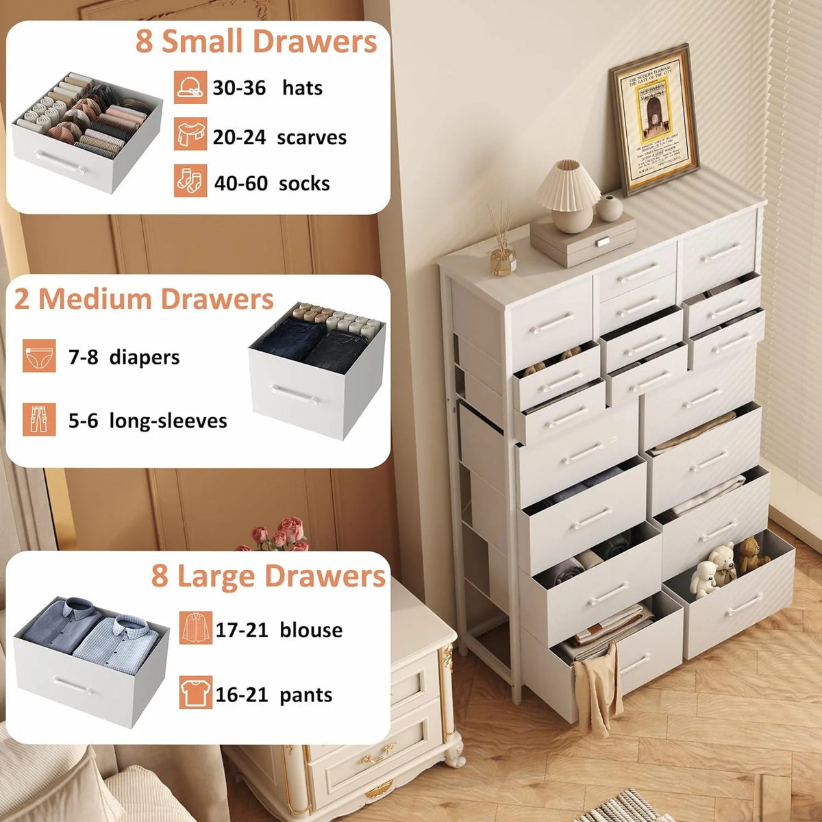 White 18 Drawer Fabric Dresser Q2730
