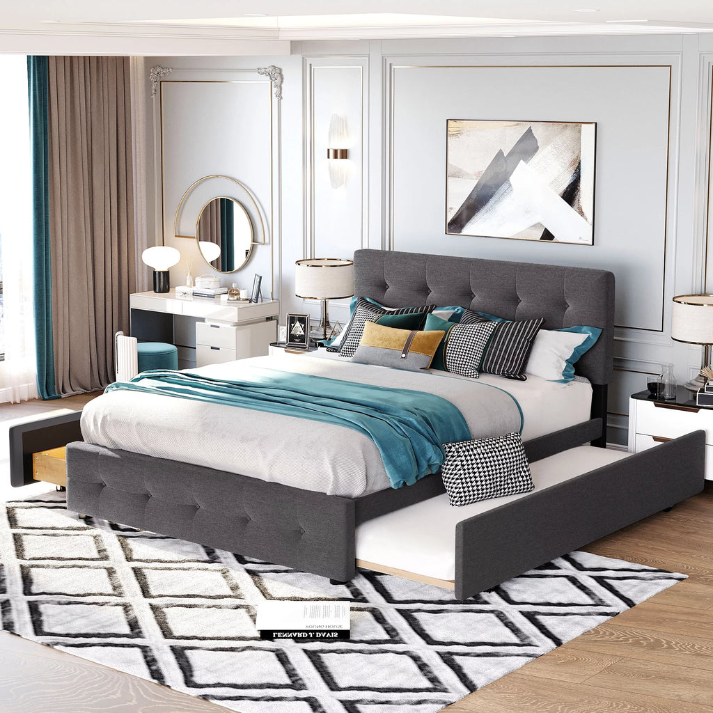 Queen Size Dark Gray Upholstered Platform Bed with 2 Drawers and Trundle Z66187
