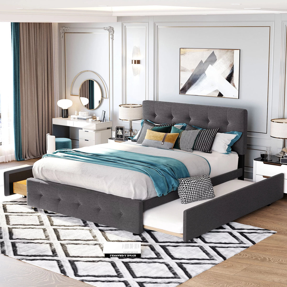 Queen Size Dark Gray Upholstered Platform Bed with 2 Drawers and Trundle Z66187