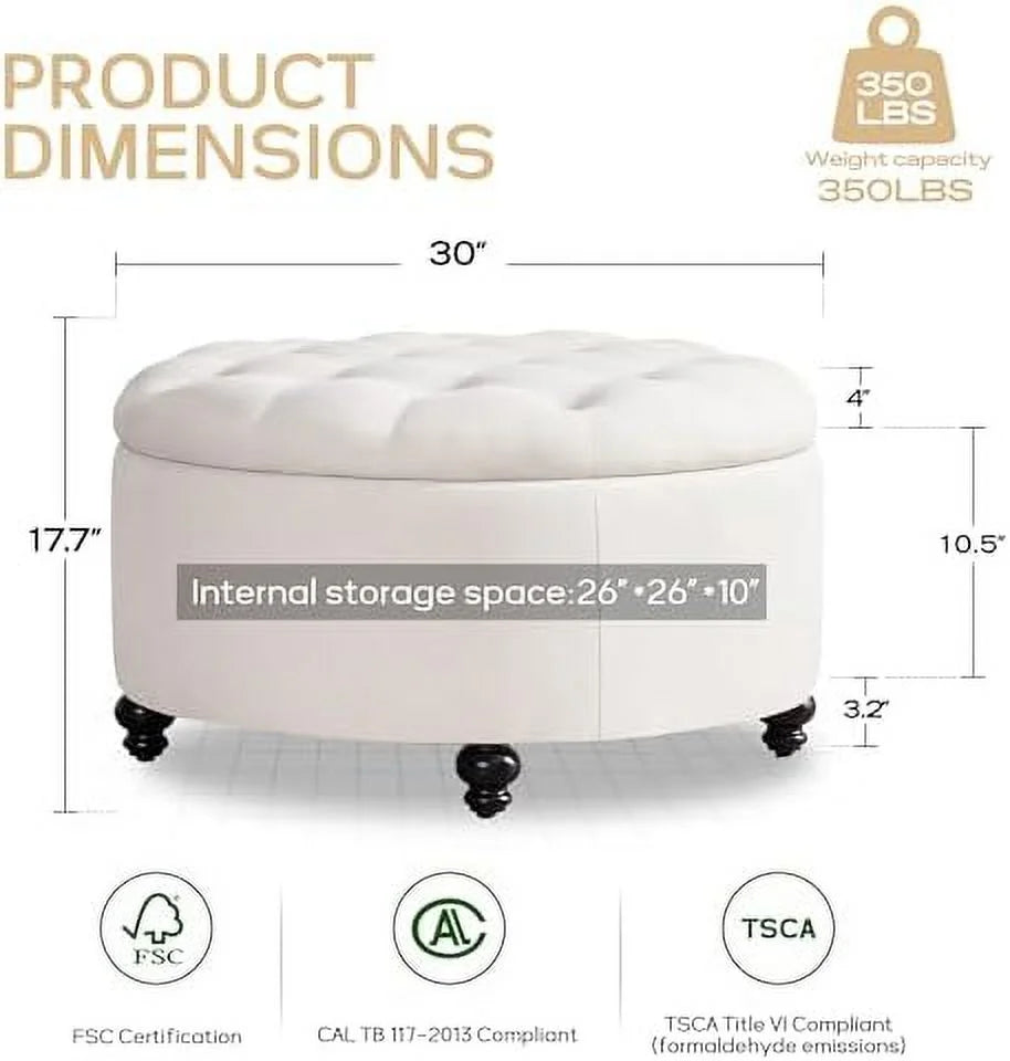 30-Inch Round Button Tufted Upholstered Ottoman with Removeable Top V976