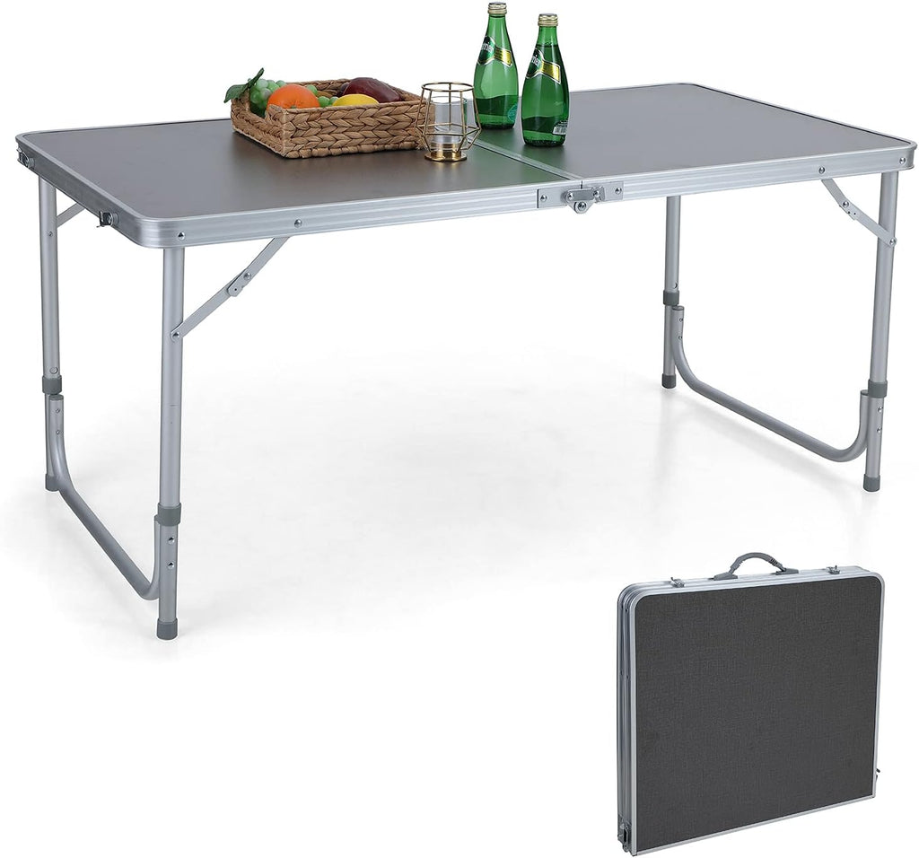 3 Pc Folding Table and Benches Set Aluminum Adjustable Camping Table W8654