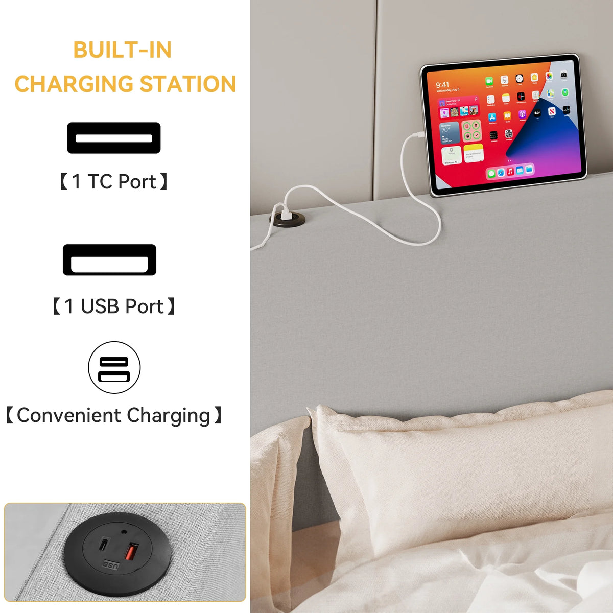 Queen Size Lift-Up Storage Bed with Charging Station and Wingback Headboard J966153