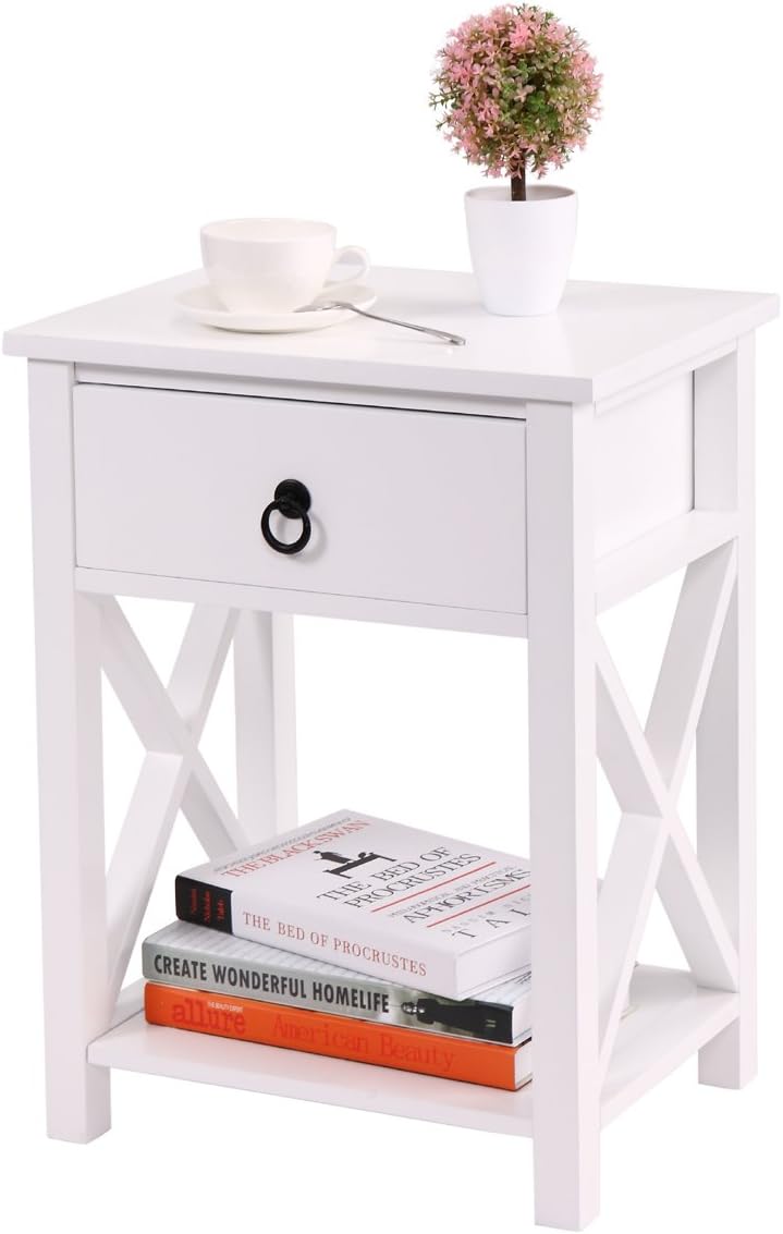 White Set of 2 Wooden Nightstand with Drawer & Shelf Z8267