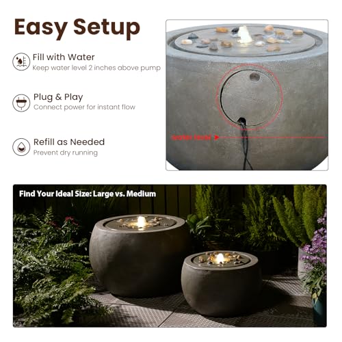Large Round Bubbler Water Fountain with Lights & Pump Gray U723