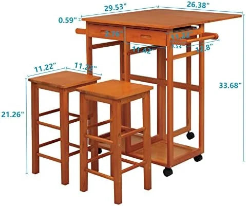 Drop Leaf Solid Wood Table and Stool Set with 2 Drawers V309465