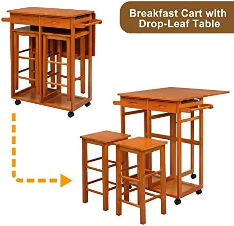 Drop Leaf Solid Wood Table and Stool Set with 2 Drawers V309465