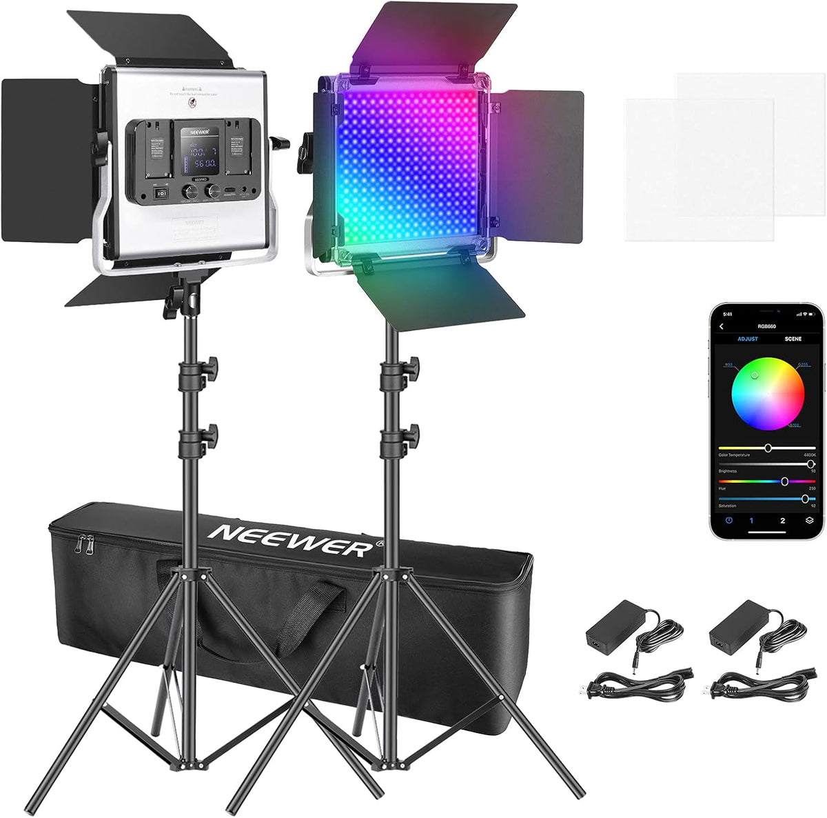 RGB LED Video Light with Stands and Bag 2-Pack O3577