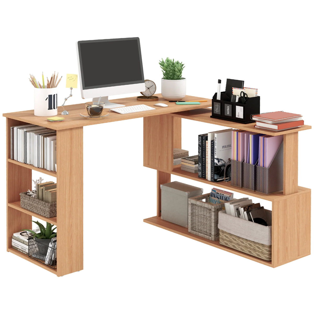 L Shaped Rotating Corner Desk with Bookshelves J622265
