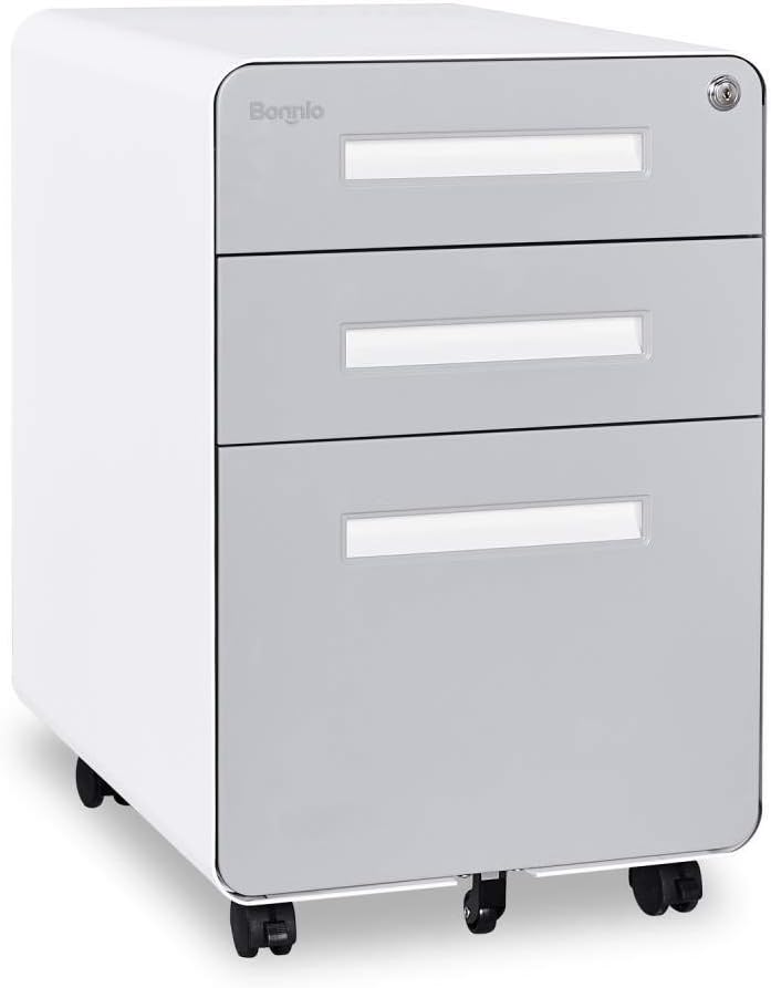 3 Drawer Mobile File Cabinet with Lock, Metal, Black&White K545