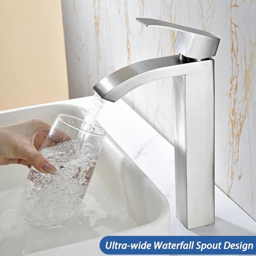Black Tall Waterfall Single Handle 1 Hole Bathroom Faucet with Pop Up Drain and Hoses P73622