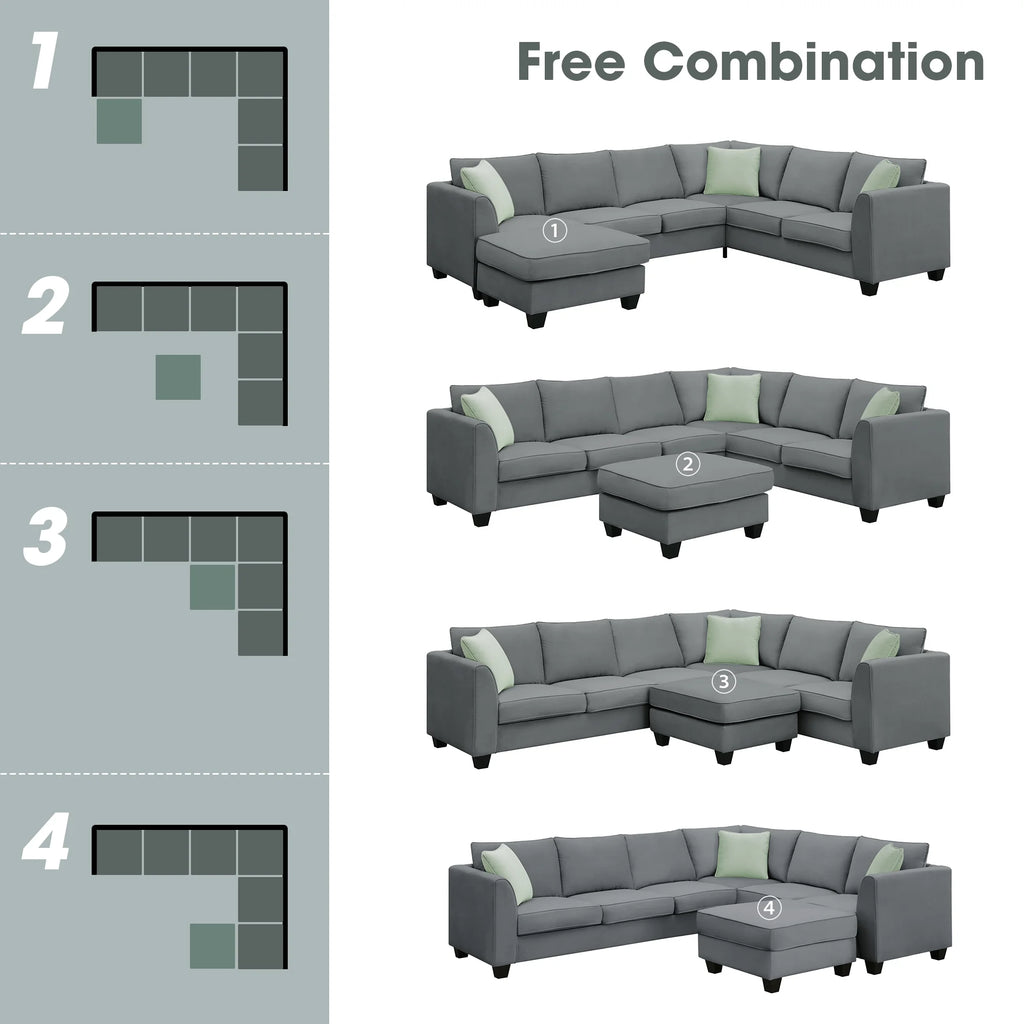 7 Seats L Shape Fabric Sectional Sofa with Ottoman I923