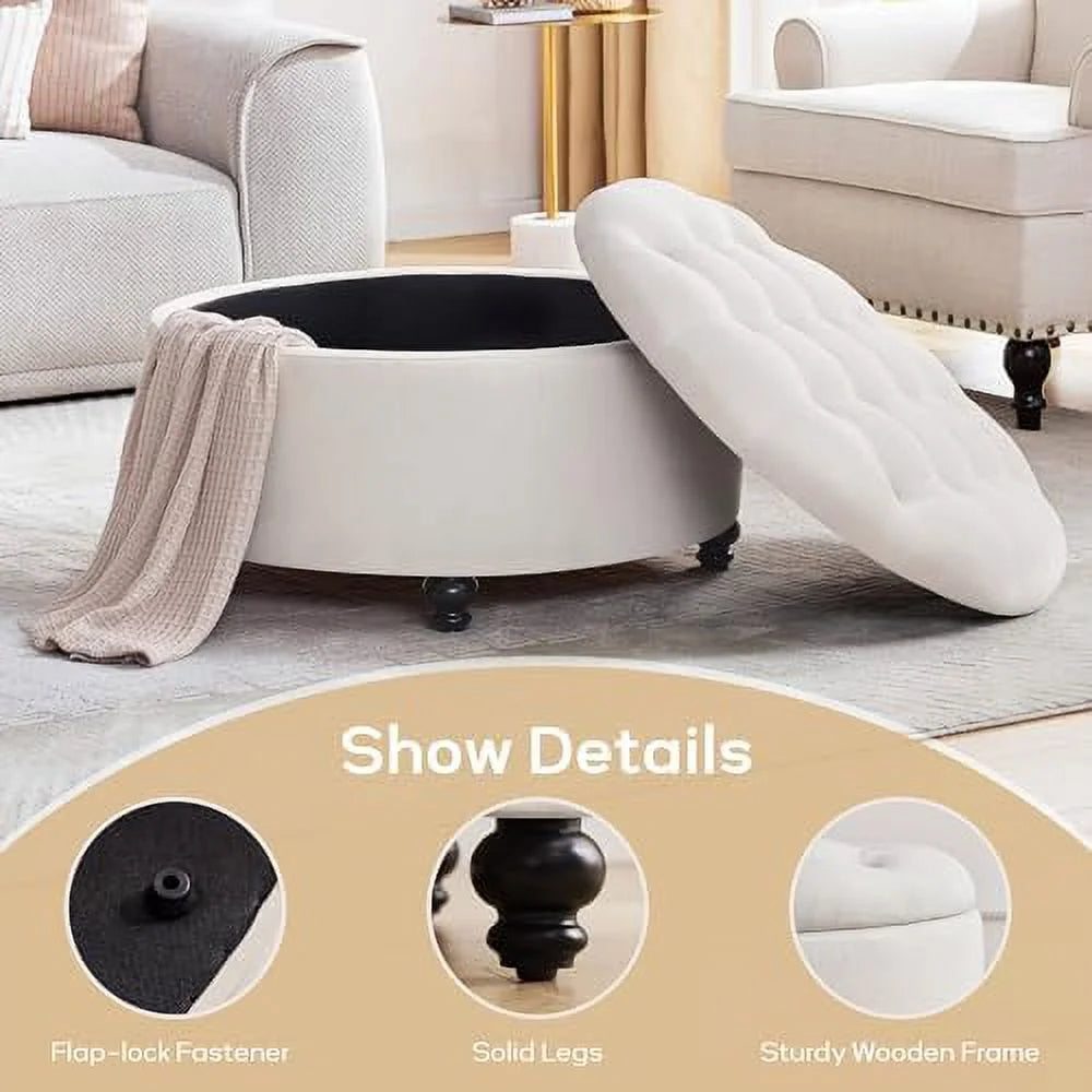 30-Inch Round Button Tufted Upholstered Ottoman with Removeable Top V976