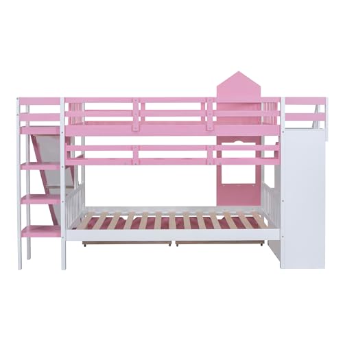 Twin Over Twin Solid Wood Bunk Bed with Slide Storage Staircase Drawers Pink O23700