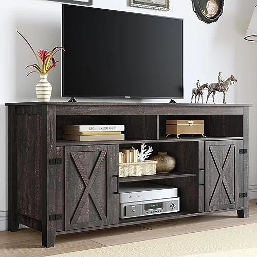 Farmhouse Barn Door TV Stand for 65 Inch TV Dark Rustic Oak F97528