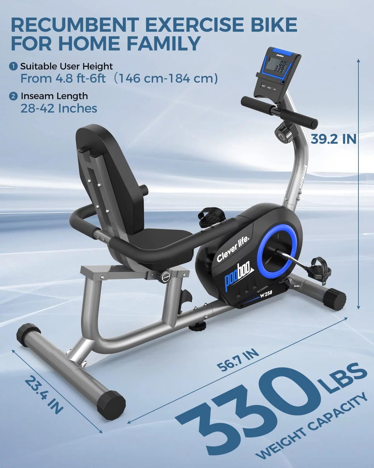Magnetic Recumbent Exercise Bike 330lbs Blue H5305
