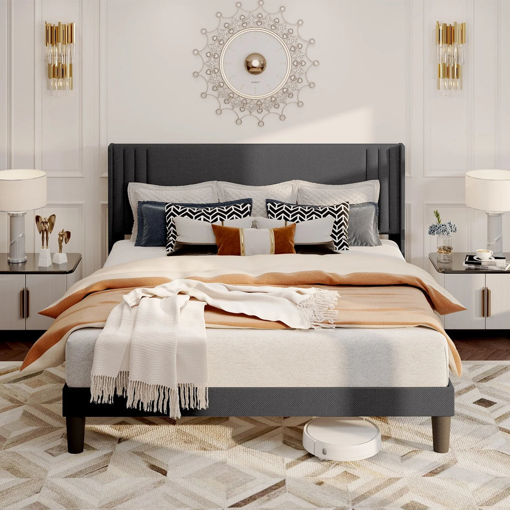 Queen Full Wingback Platform Bed Frame with Under-bed Storage Beige A51980