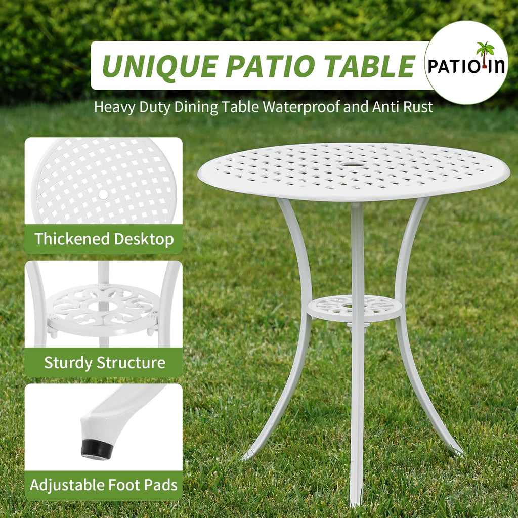 3 Piece White Patio Bistro Set with Umbrella Hole B505596