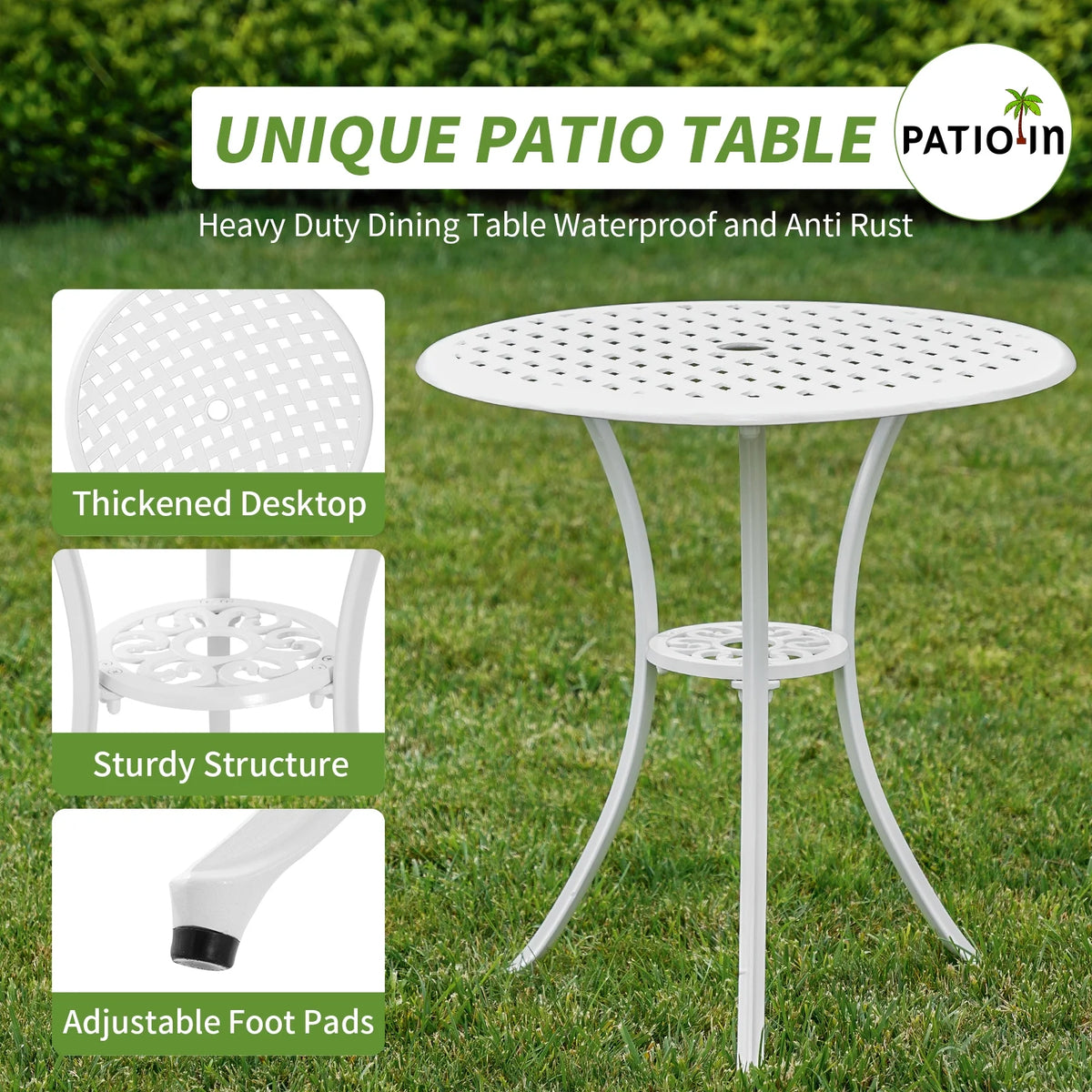3 Piece White Patio Bistro Set with Umbrella Hole B505596