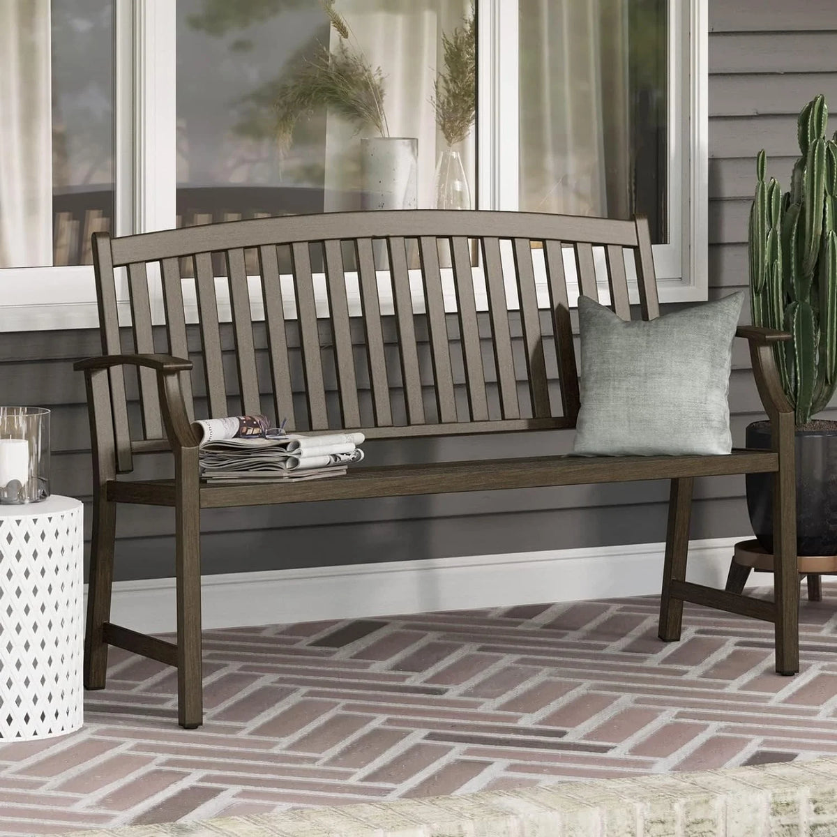 Brown Wood Grain Metal Garden Bench K403367