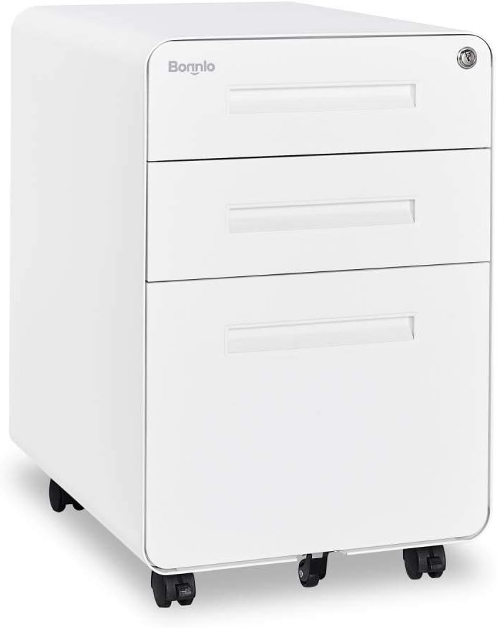 3 Drawer Mobile File Cabinet with Lock, Metal, Black&White K545