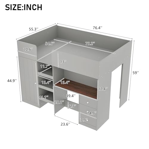 Beige Full Size Wood Loft Bed with Desk and Storage H4728